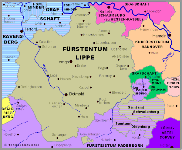 Karte des F�rstentums Lippe und Umgebung